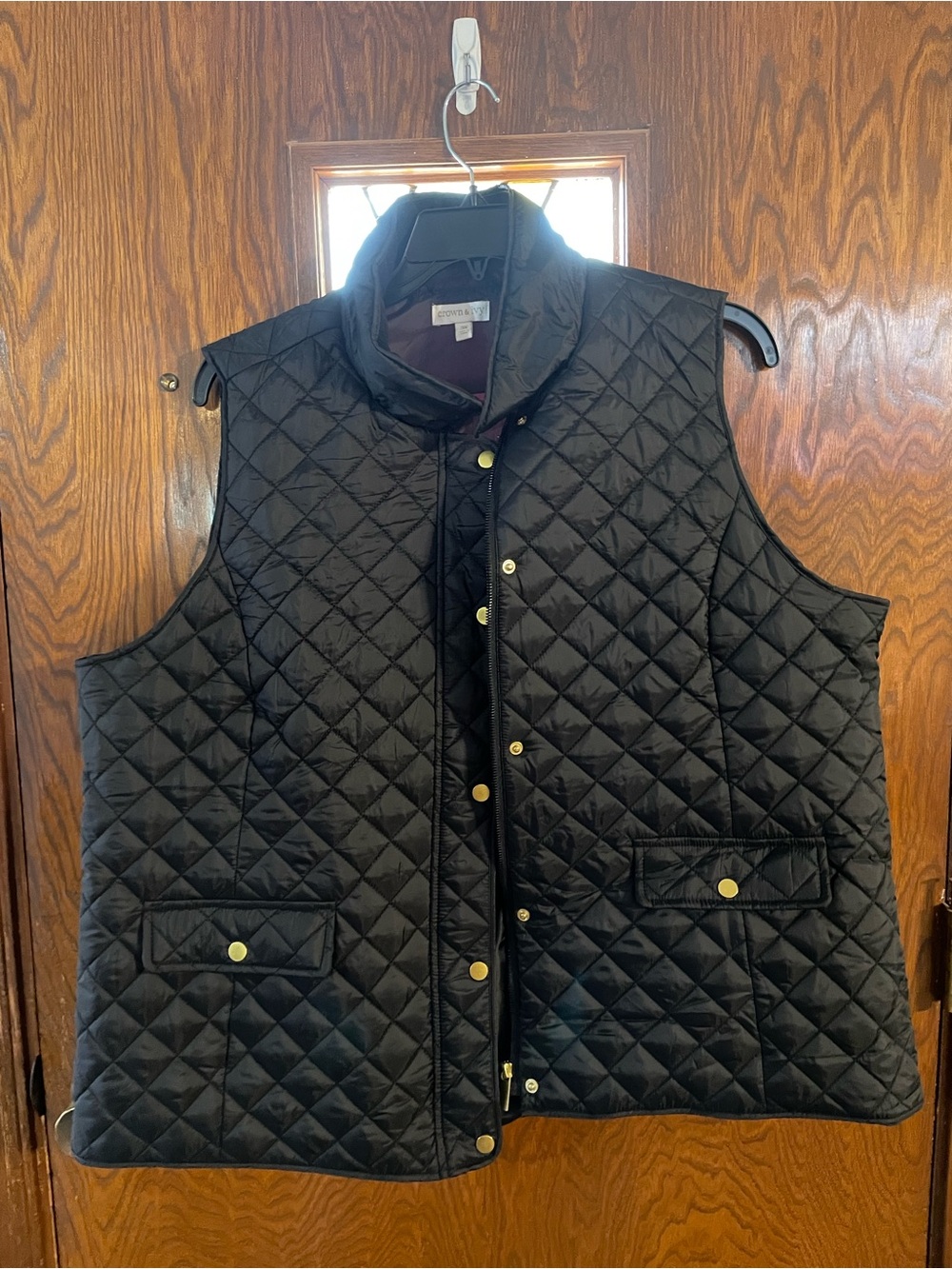 crown & ivy Quilted Black Vest with Gold Buttons